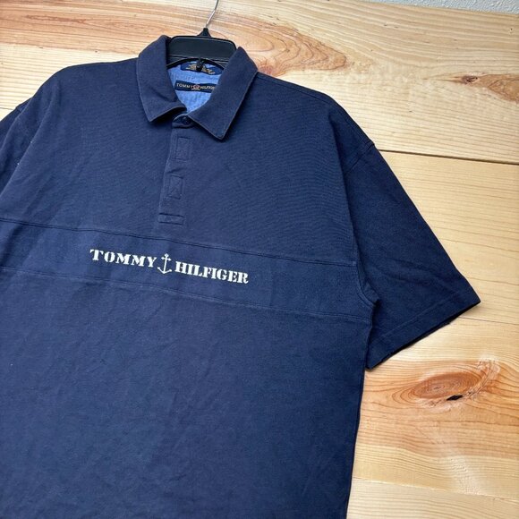 Vintage Tommy Hilfiger Polo Shirt Mens XL Blue Navy Anchor Boating Nautical Knit - Picture 1 of 11